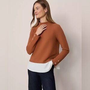 NWT Ann Taylor Mixed Media Mock Neck Layered Look Pullover Top in Spiced Cider
